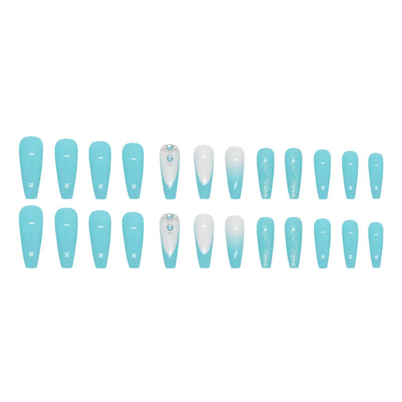 Solid colour long ballet nail art patch with smart blue diamond design on a nail, with glue bottle.