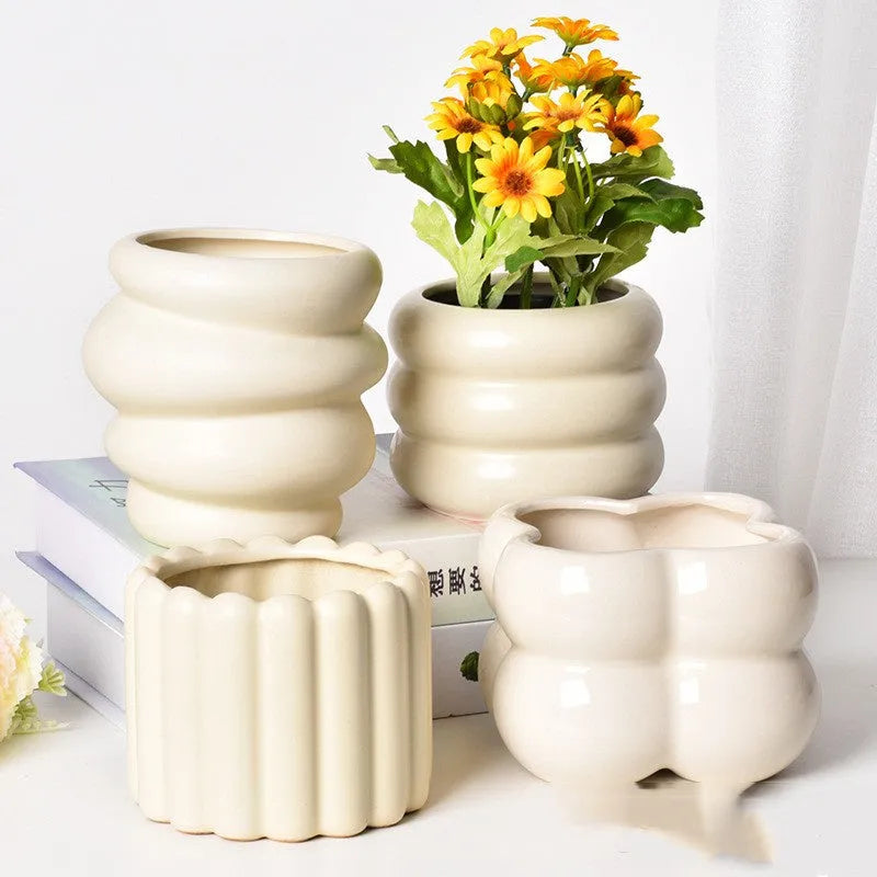 Roman column matte yellow ceramic flower pot with breathable, self-absorbent design for indoor plants