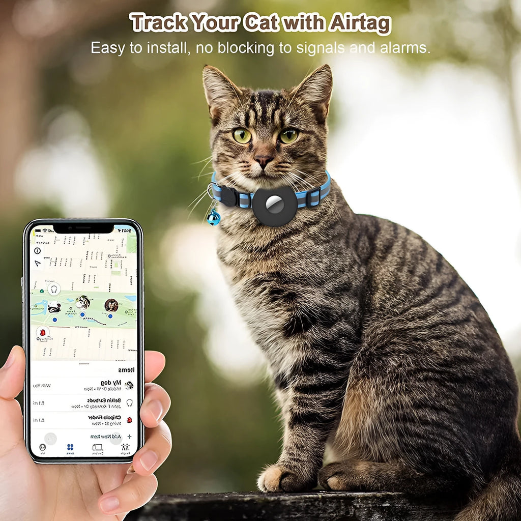 Reflective Airtag pet collar with bell on a small cat, adjustable 22-35 cm nylon with safety buckle