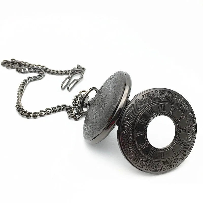 Classic Roman double display pocket watch with round alloy case, pointer and number dial, and chain