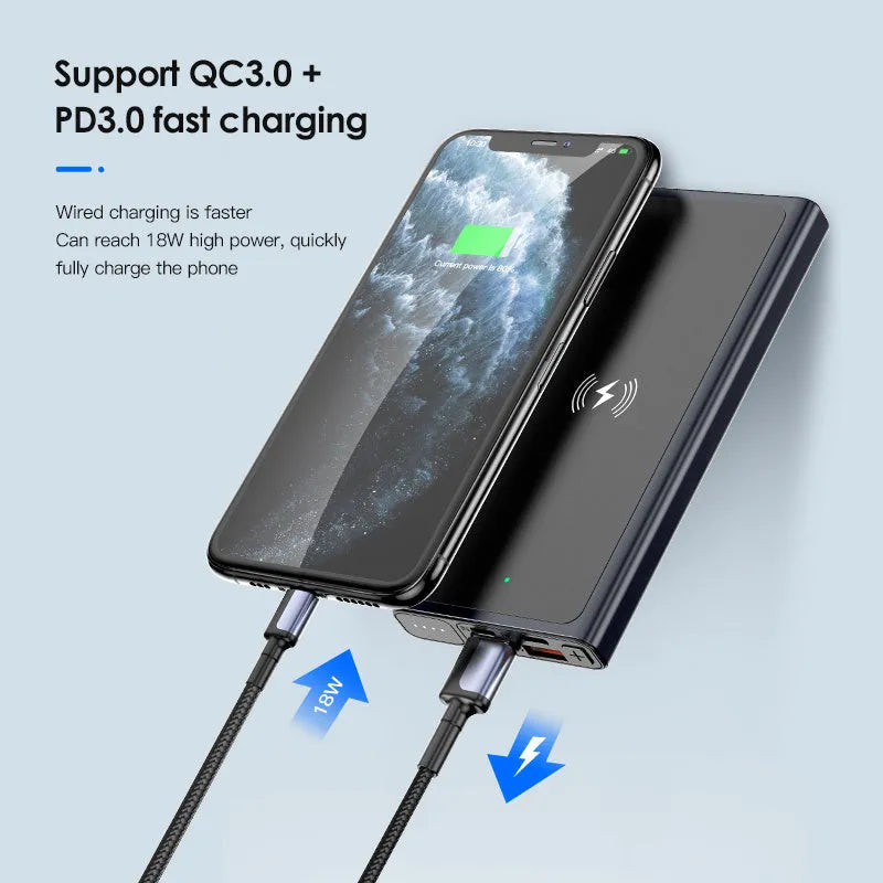 Black and blue aluminium alloy power bank with 10000mAh capacity and integrated plug for wireless charging.