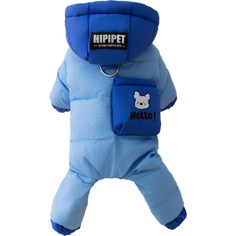 Blue padded dog snowsuit with hood, 'Hello!' bear print pocket and metal leash ring for small dogs and cats.