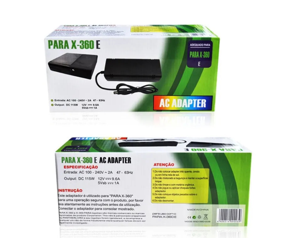 Black Microsoft XBOX360E AC power adapter unit with cable for 220V mains.