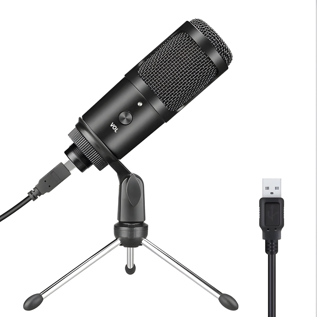 Black USB condenser microphone with integrated volume knob for laptop recording