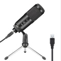 Black USB condenser microphone with integrated volume knob for laptop recording