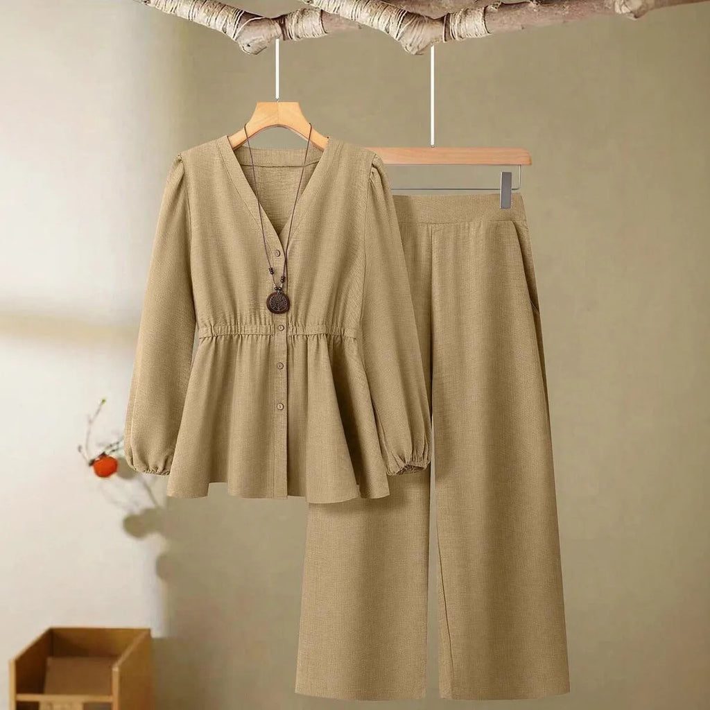 Women's long-sleeved pants polyester two-piece suit in khaki, front view, button closure, regular fit