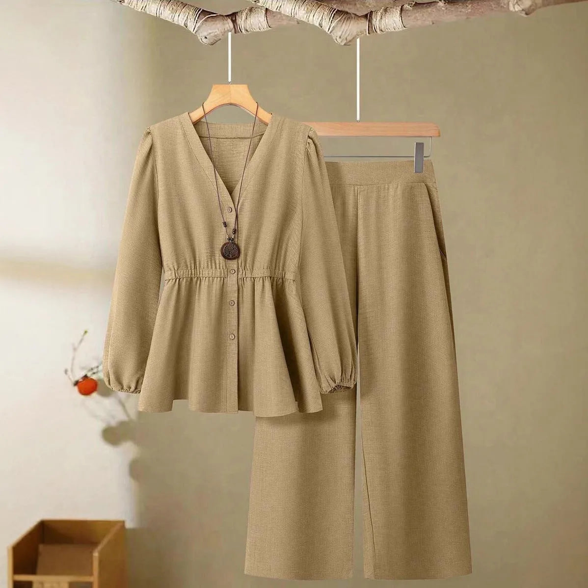 Women's long-sleeved pants polyester two-piece suit in khaki, front view, button closure, regular fit