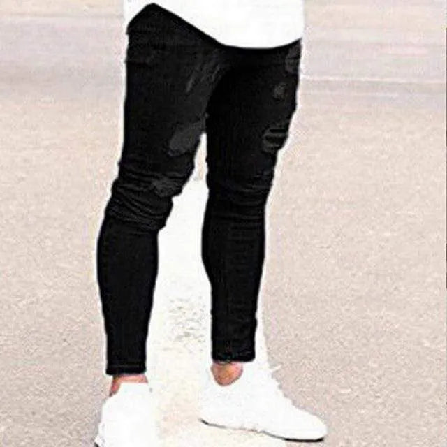 Men's high waist washed cotton denim pencil pants in black, skinny fit with zipper fly