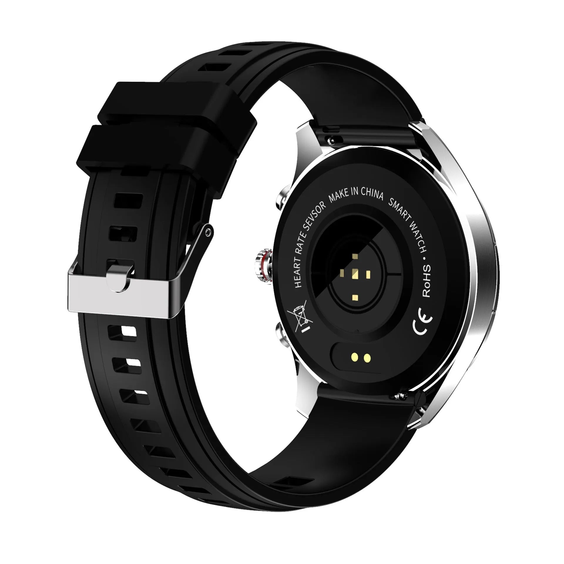 Men's black smart bracelet watch with zinc alloy case and silicone wristband on a wrist.