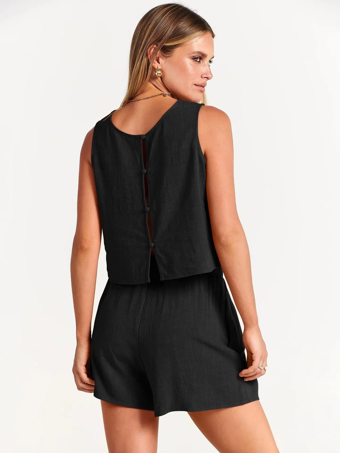 Women's summer two-piece set showing sleeveless top and drawstring shorts in rayon linen blend material