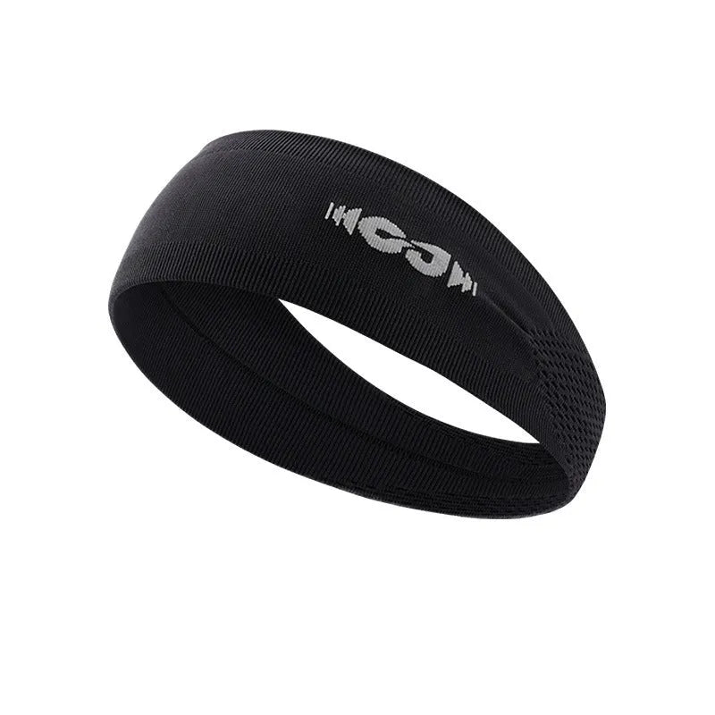Seamless knitted sports hair band for men and women in black, grey, and blue.