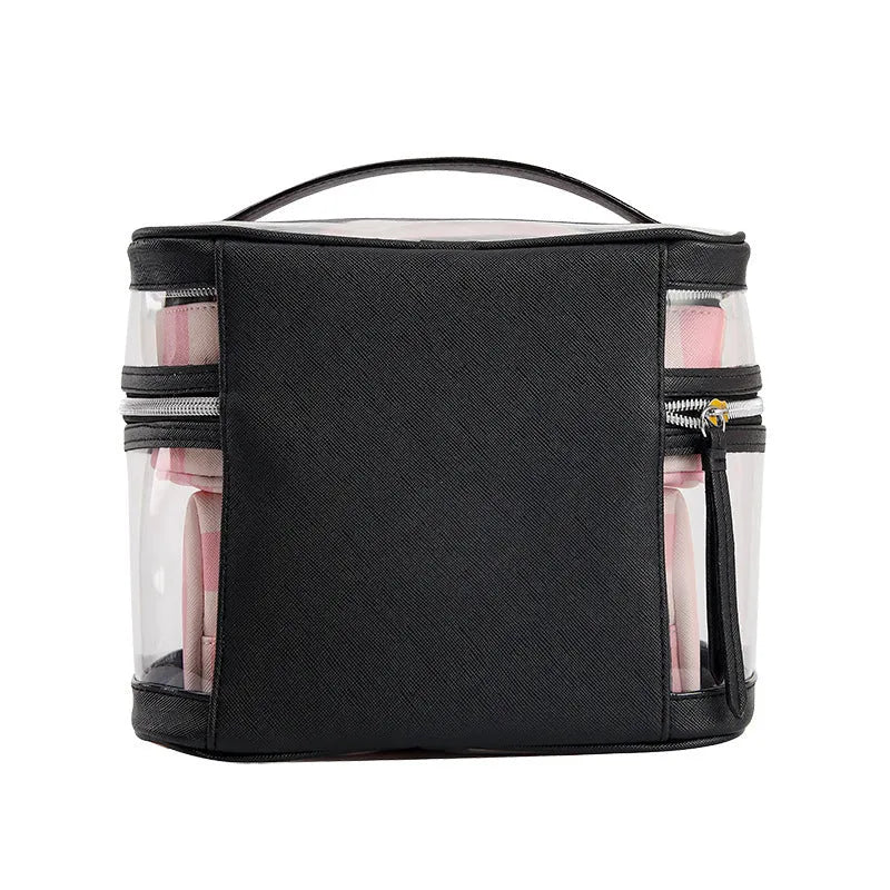 Pink bold stripe floral pattern waterproof synthetic leather folding makeup buggy bag with European American retro styling