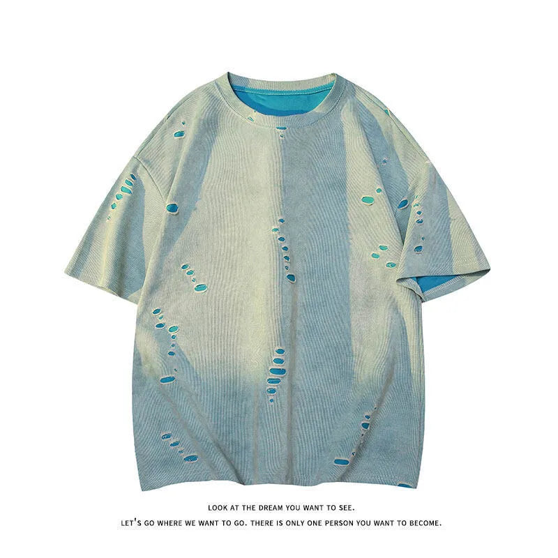 Men's grey ripped short sleeve t-shirt with loose fit design