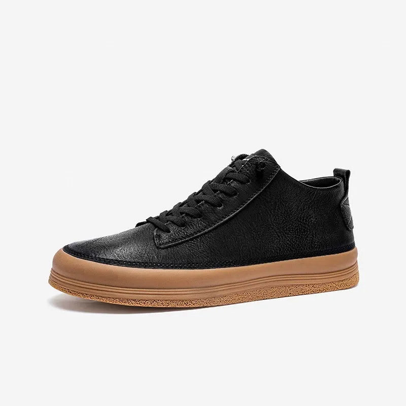 Men's black leather casual shoes with a round toe, flat heel, and lace-up closure on a rubber sole.