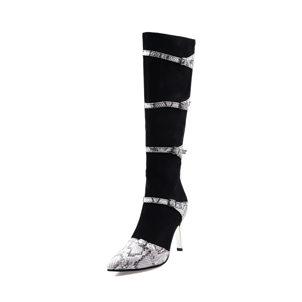Women's knee-high high-heel boots in black or grey with a 9cm heel and velvet lining.