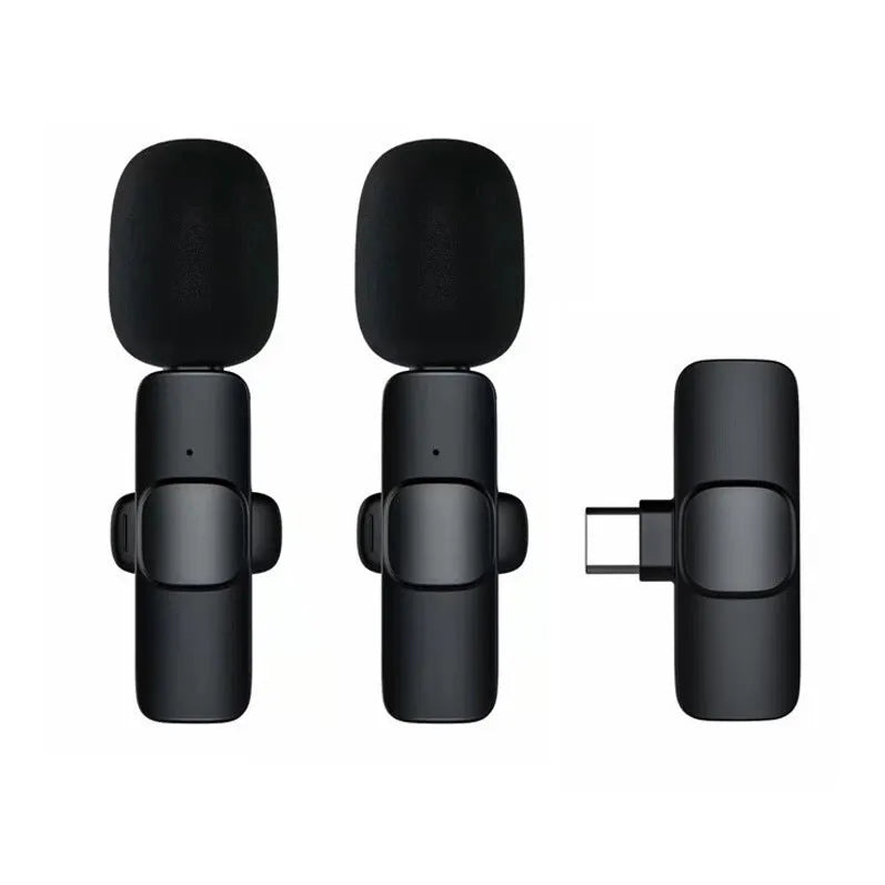 Wireless lavalier noise reduction microphone with clip, receiver, and Type C interface on white background