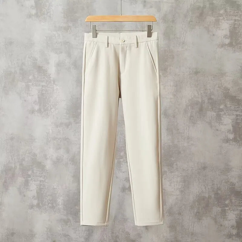 Men's slim-fit straight trousers in polyester, available in black, blue, khaki, dark gray, and light gray, sizes 27 to 38
