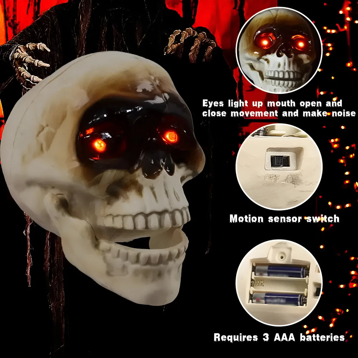 Animated floating skeleton skull head decoration Z270 open mouth electric head with scary sound
