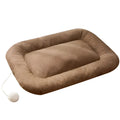 Kennel cooling cushion with removable cover in brown, shown next to S, M, L, XL size indicators