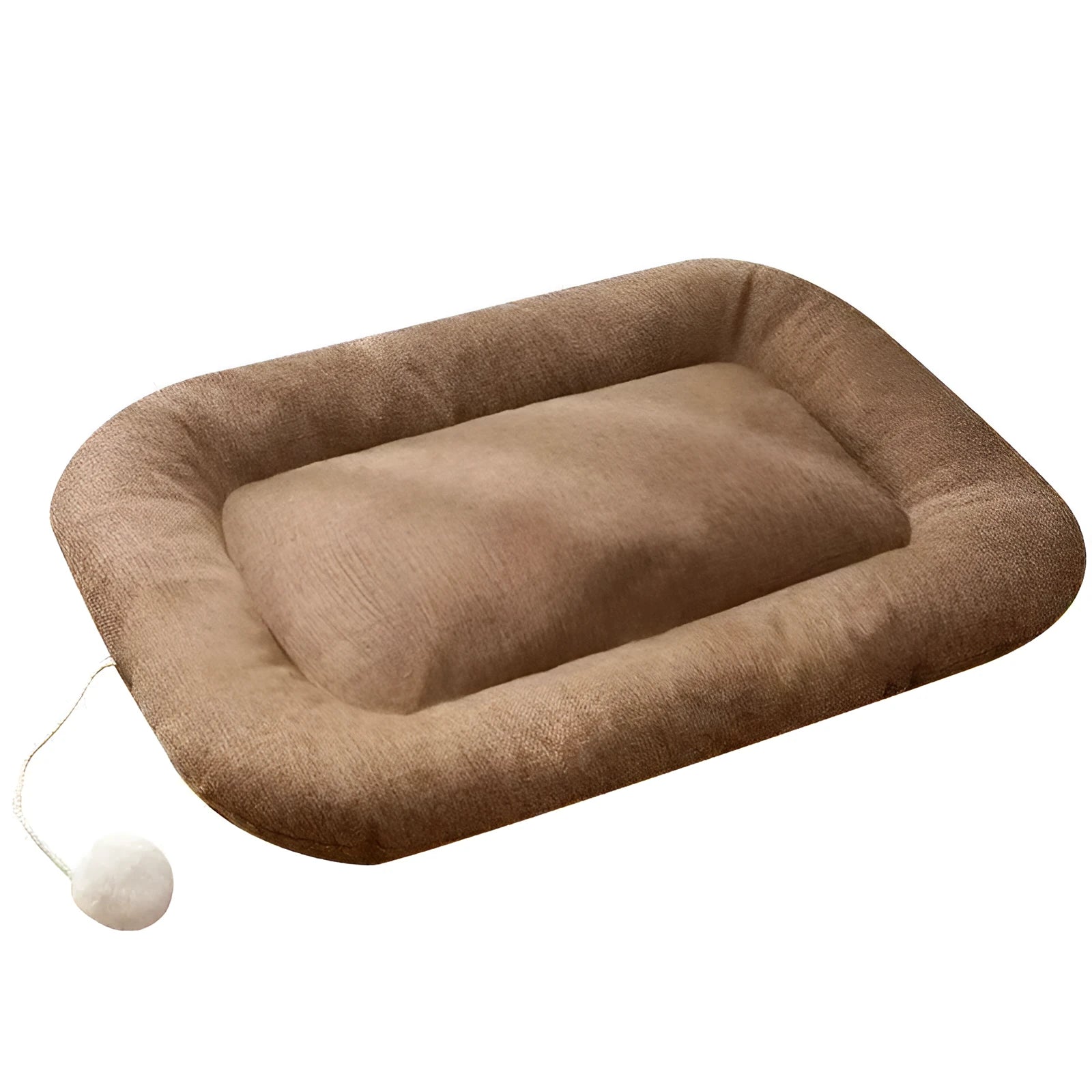 Kennel cooling cushion with removable cover in brown, shown next to S, M, L, XL size indicators
