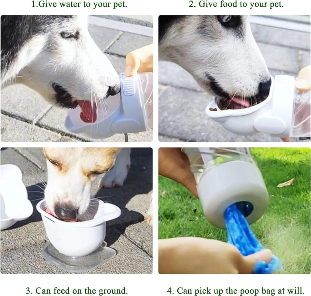 Green 3-in-1 portable pet water bottle with food container, waste bag dispenser, and carrying strap.