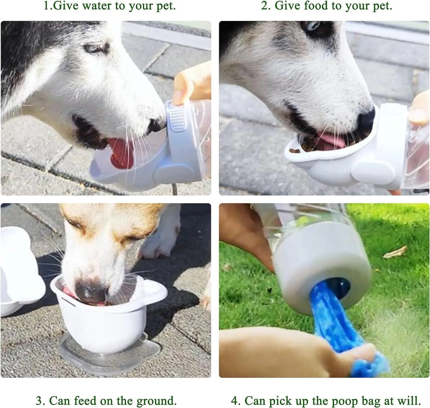 Green 3-in-1 portable pet water bottle with food container, waste bag dispenser, and carrying strap.