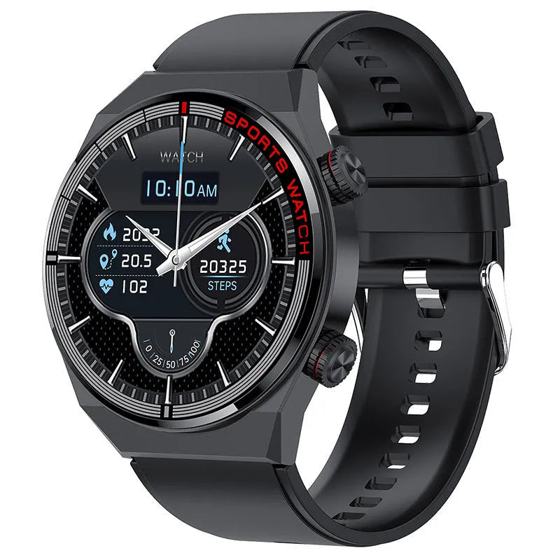 Smartwatch with rotary dial, black leather strap, and 1.3-inch screen displaying health stats.