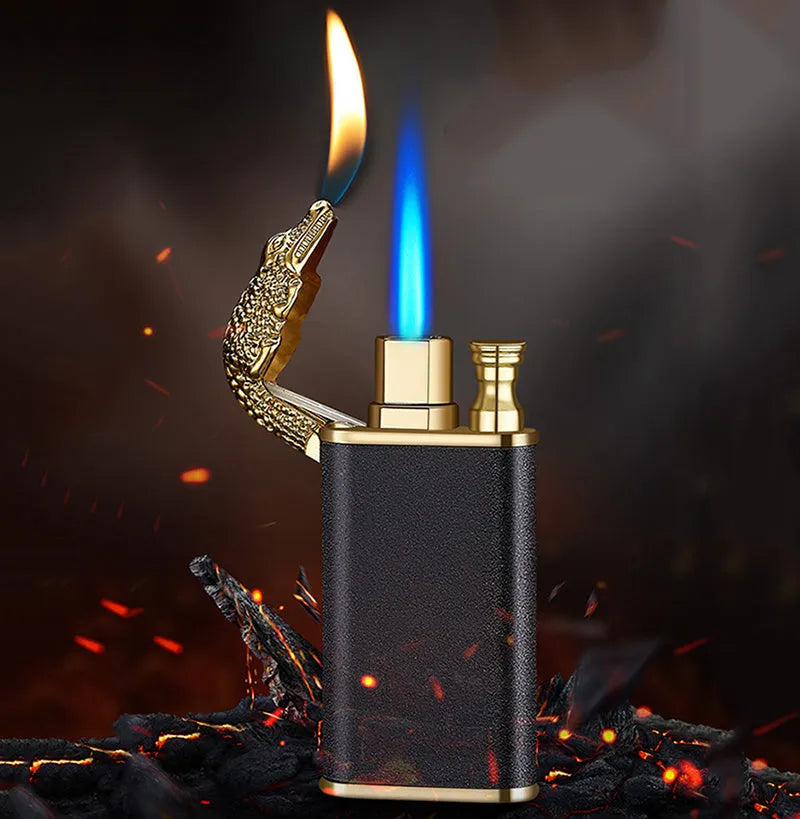 Double flame metal novelty lighter with dragon design showing blue jet fire.