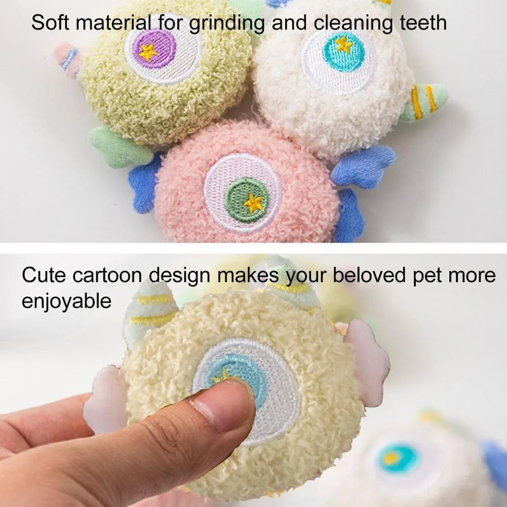 Cartoon plush squeaky dog chew toy with big eyes in grey, green, pink, white or yellow colours