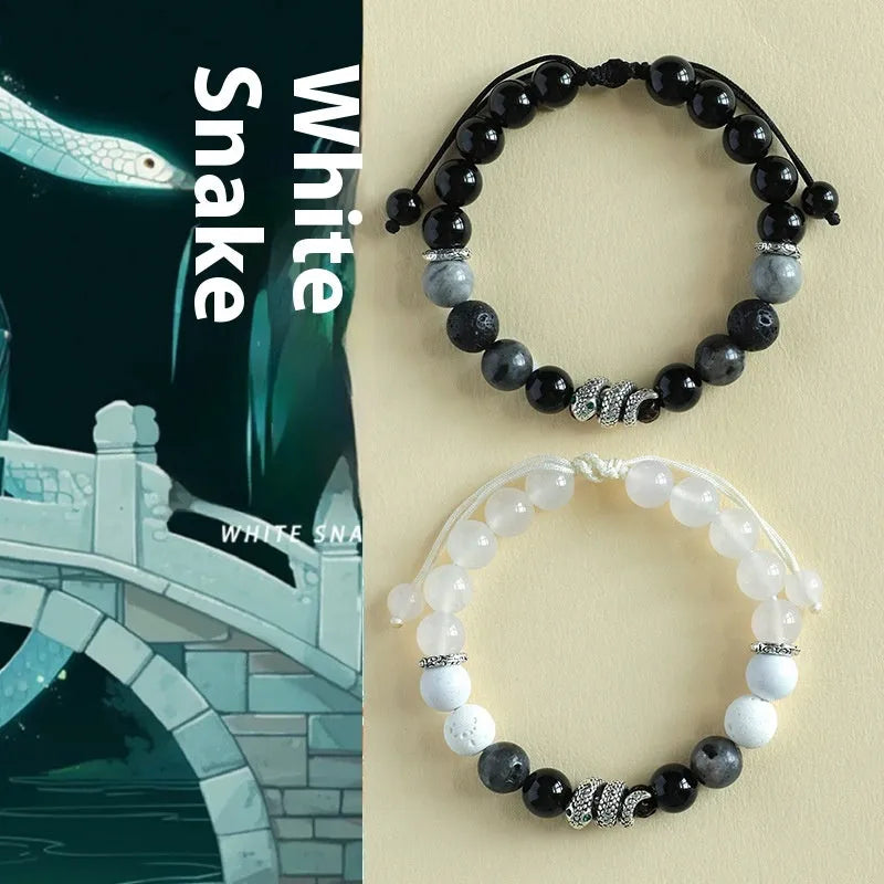Black and white agate couple bracelets with blessing snake design and handcrafted manual processing