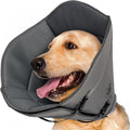 Soft grey adjustable fabric recovery collar ring for dogs and cats on a table, showing the fastener.