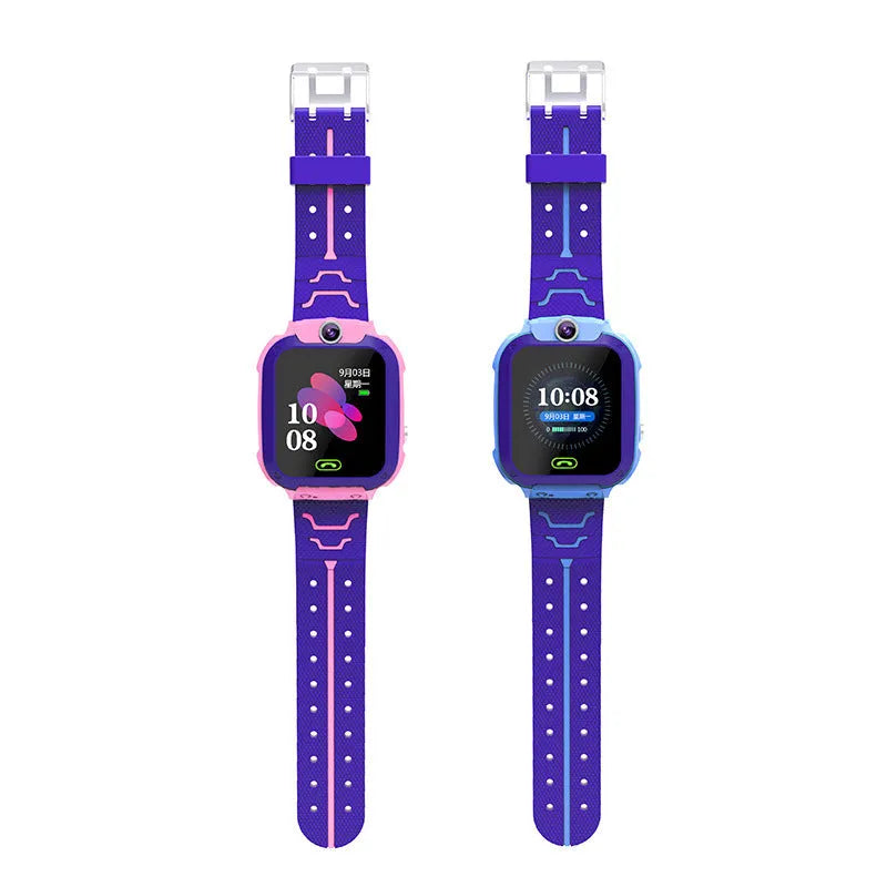 Blue waterproof children's smart watch with colour touch screen on a silicone strap.