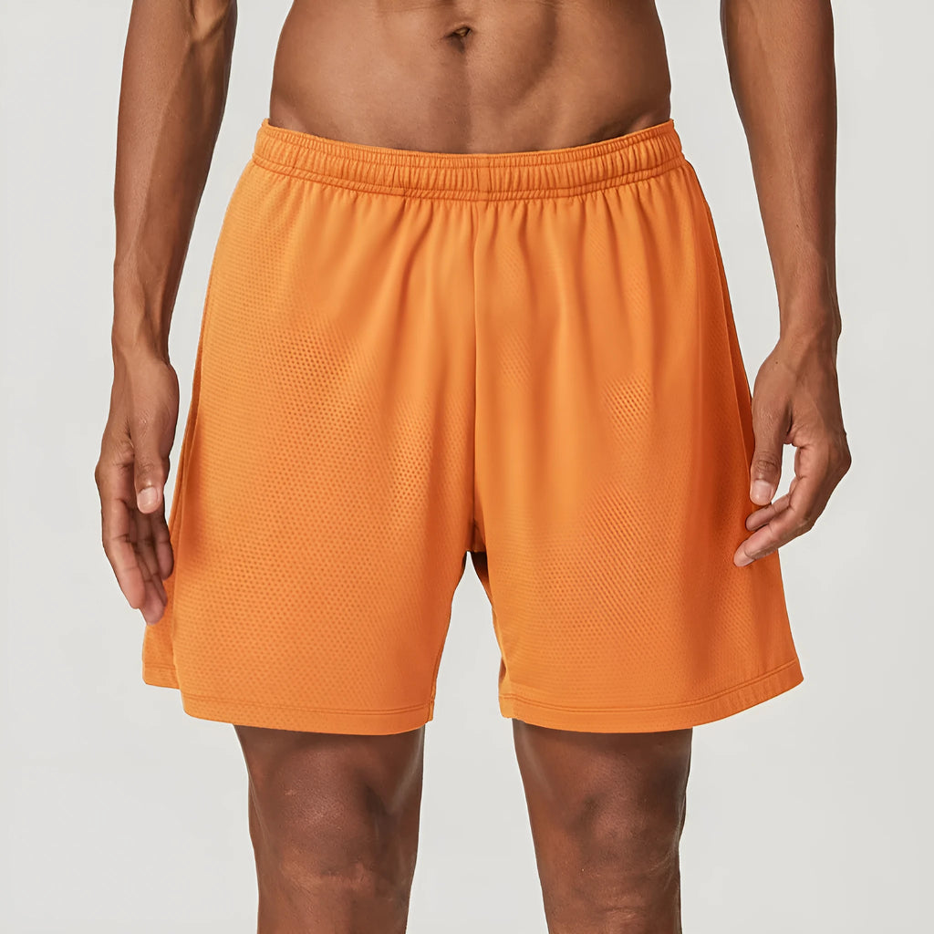 Men's sky green quick-dry double-layer running shorts laid flat, showing mid-waist and shorts length.