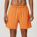 Men's sky green quick-dry double-layer running shorts laid flat, showing mid-waist and shorts length.
