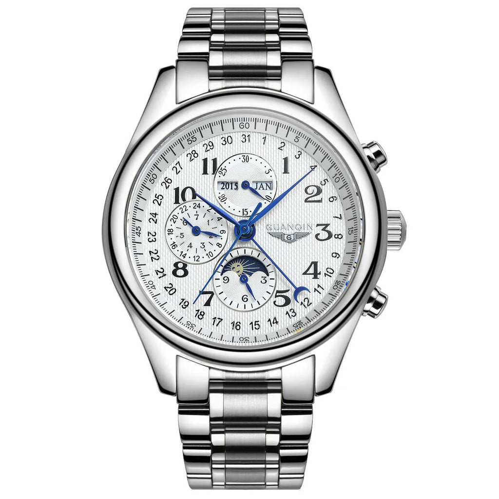 Men's mechanical perpetual calendar watch with moon phase display on 41mm case
