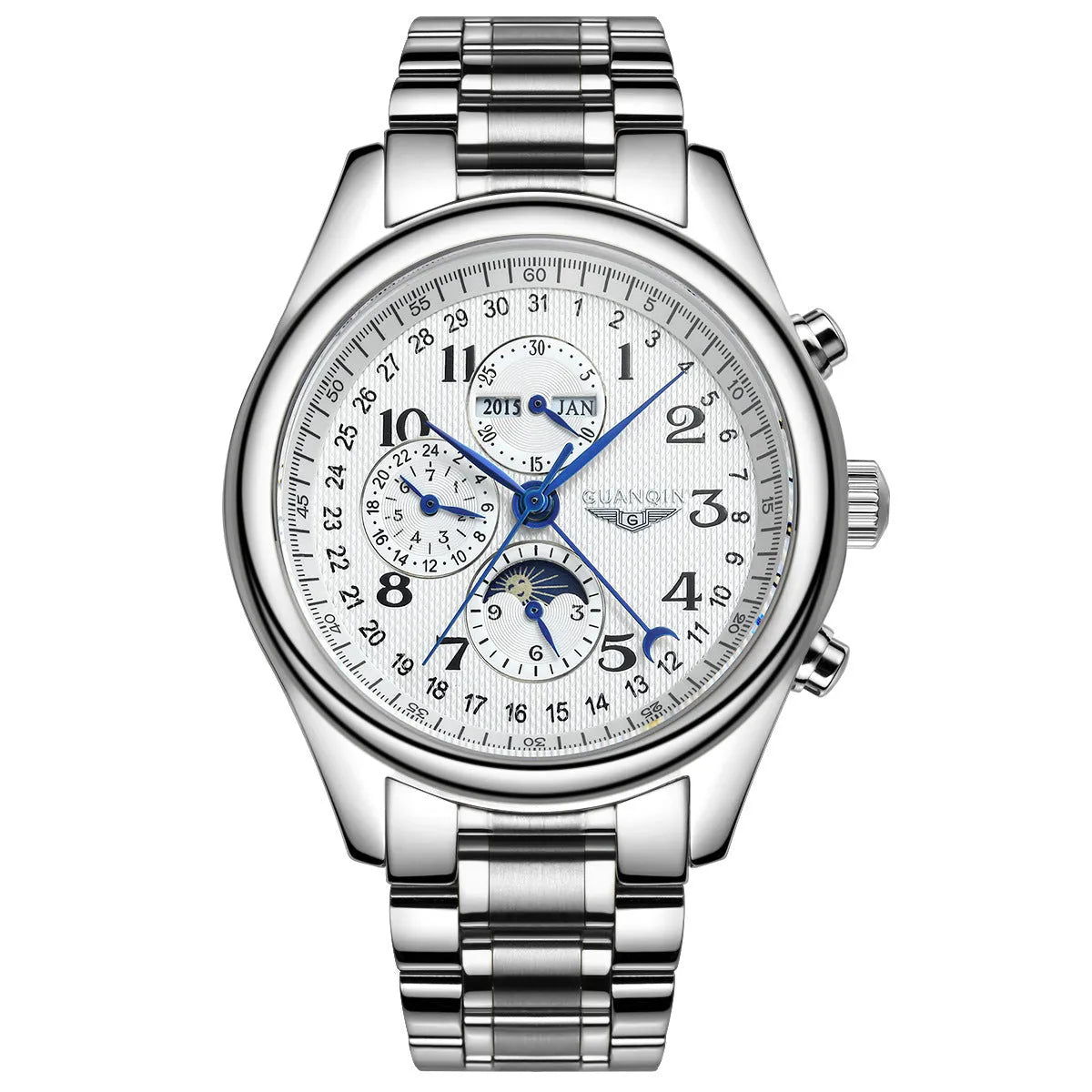 Men's mechanical perpetual calendar watch with moon phase display on 41mm case