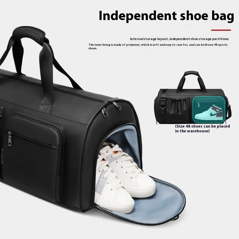 Black waterproof suit bag for men with shoe compartment, 45L capacity, folded flat on table