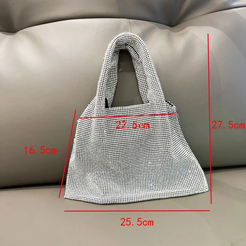 Silver cotton thread handbag with rhinestone decoration and open outer pocket