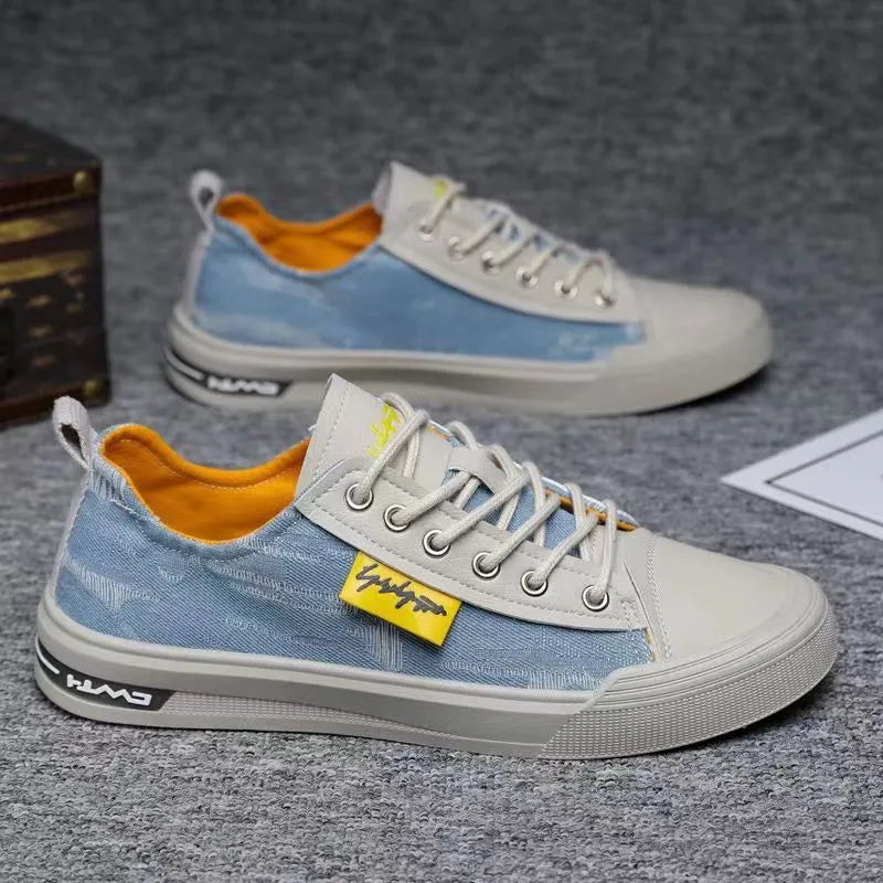 Men's dark blue casual canvas shoes with round toe and white rubber sole.