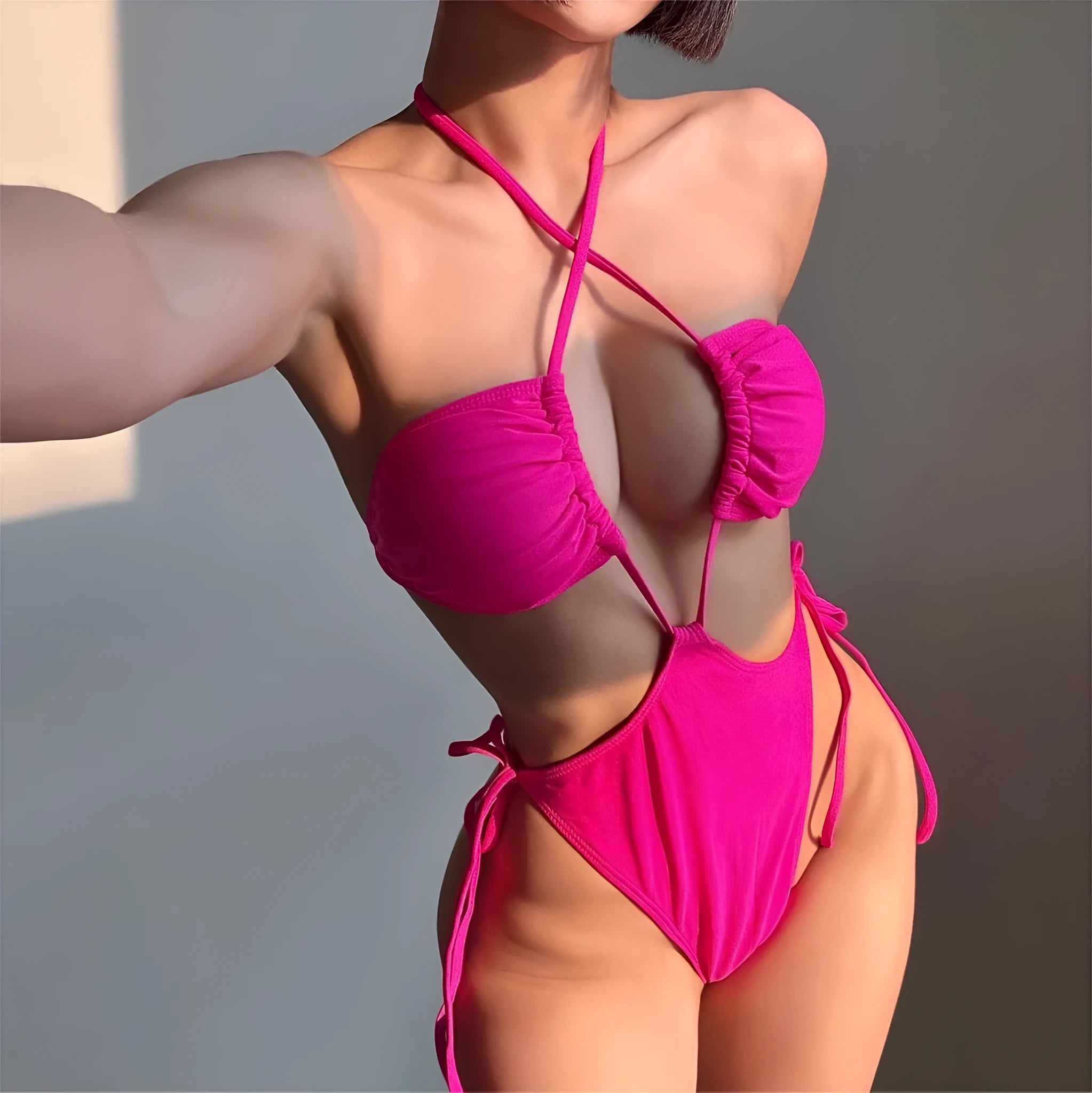 Women's black one-piece swimsuit with a white drawstring at the waist, shown on a model.