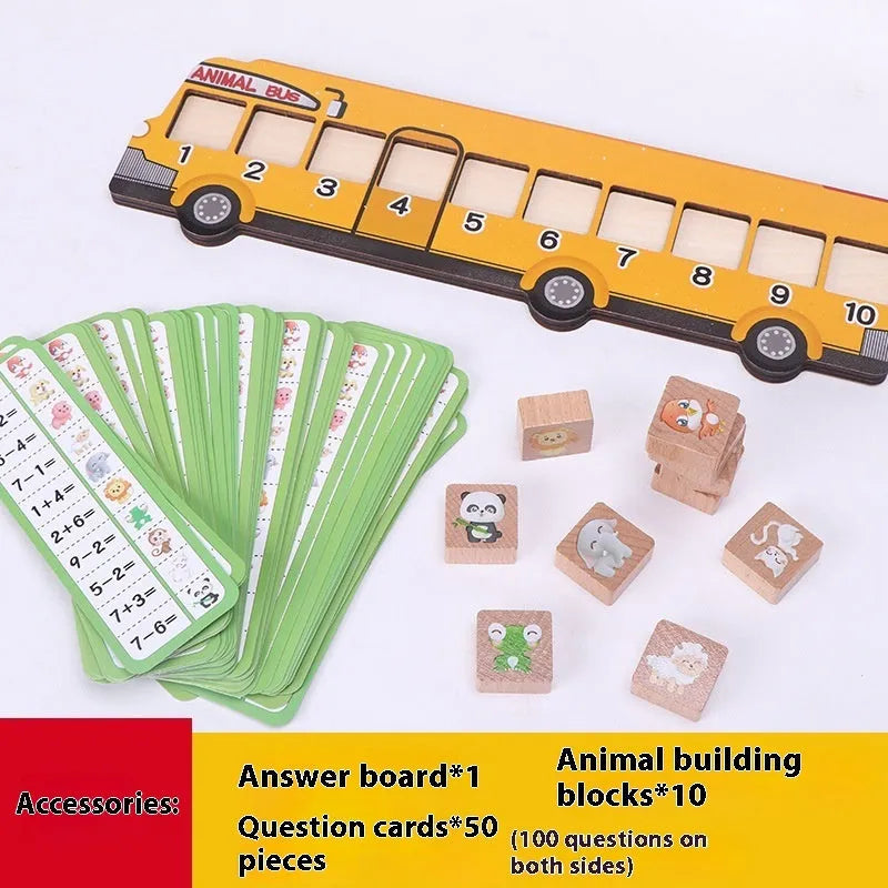 Wooden animal bus platform board game for kindergarten mathematics with colourful animal pieces