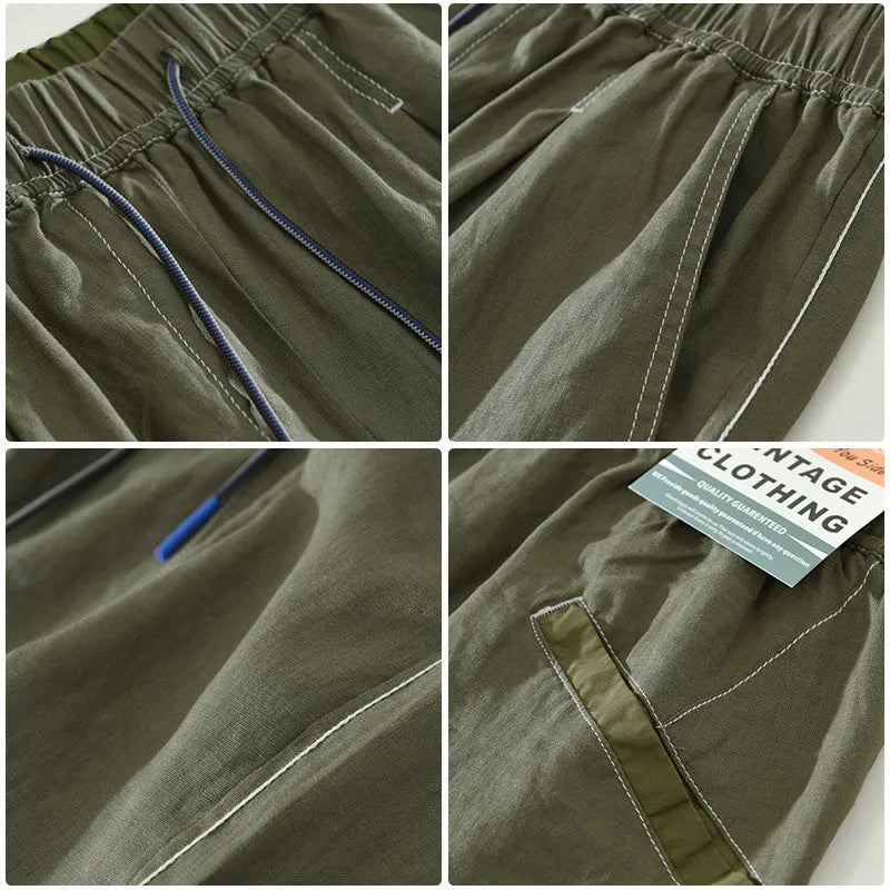 Man wearing loose fit green linen shorts with a straight leg and drawstring waist for casual summer wear.