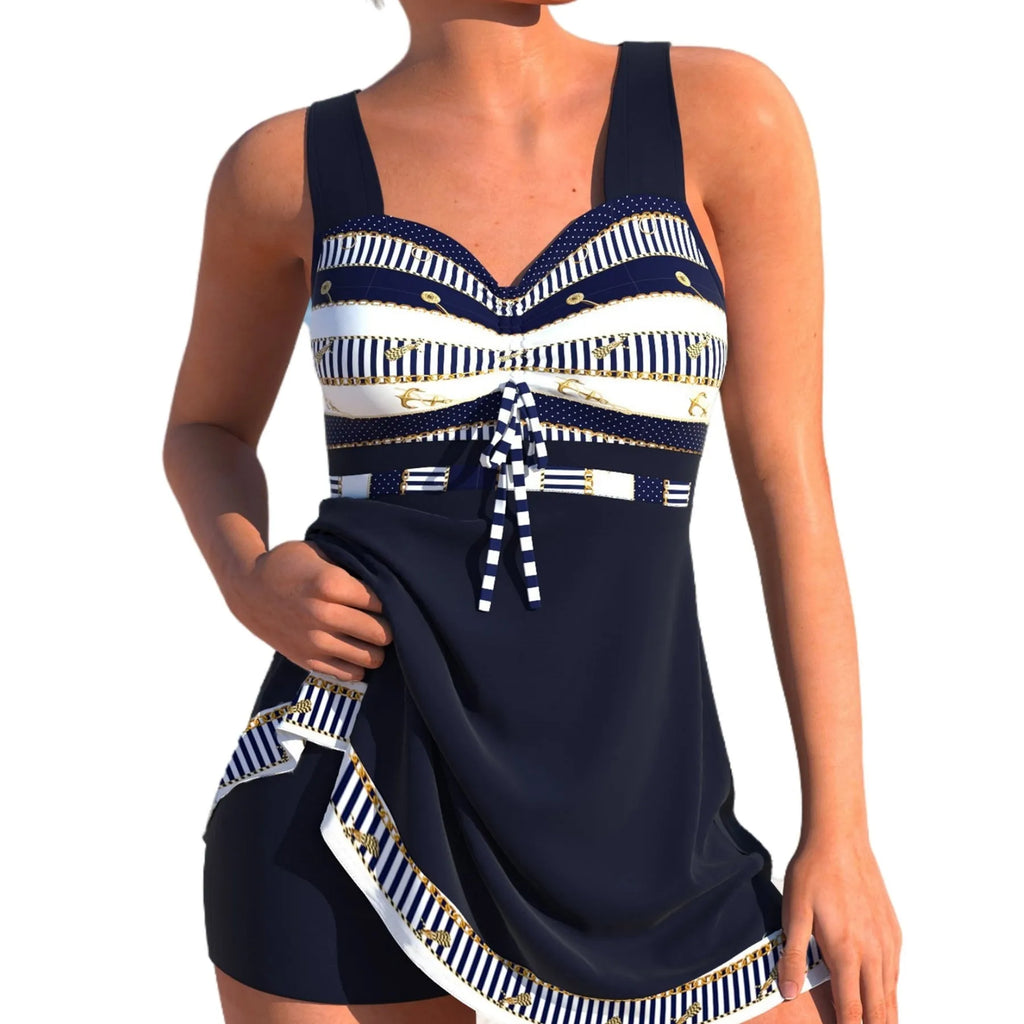 Plus size women's quick-drying split skirt bikini swimsuit in polyester fabric showing backless design