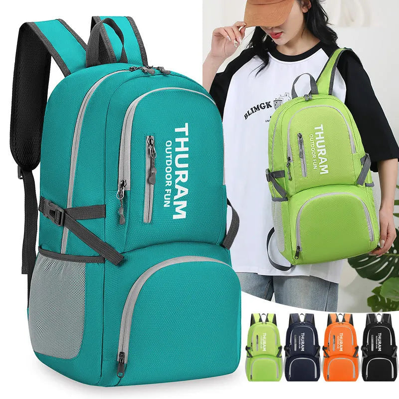Outdoor folding travel backpack in multiple colours showing adjustable straps and 20-35L capacity.