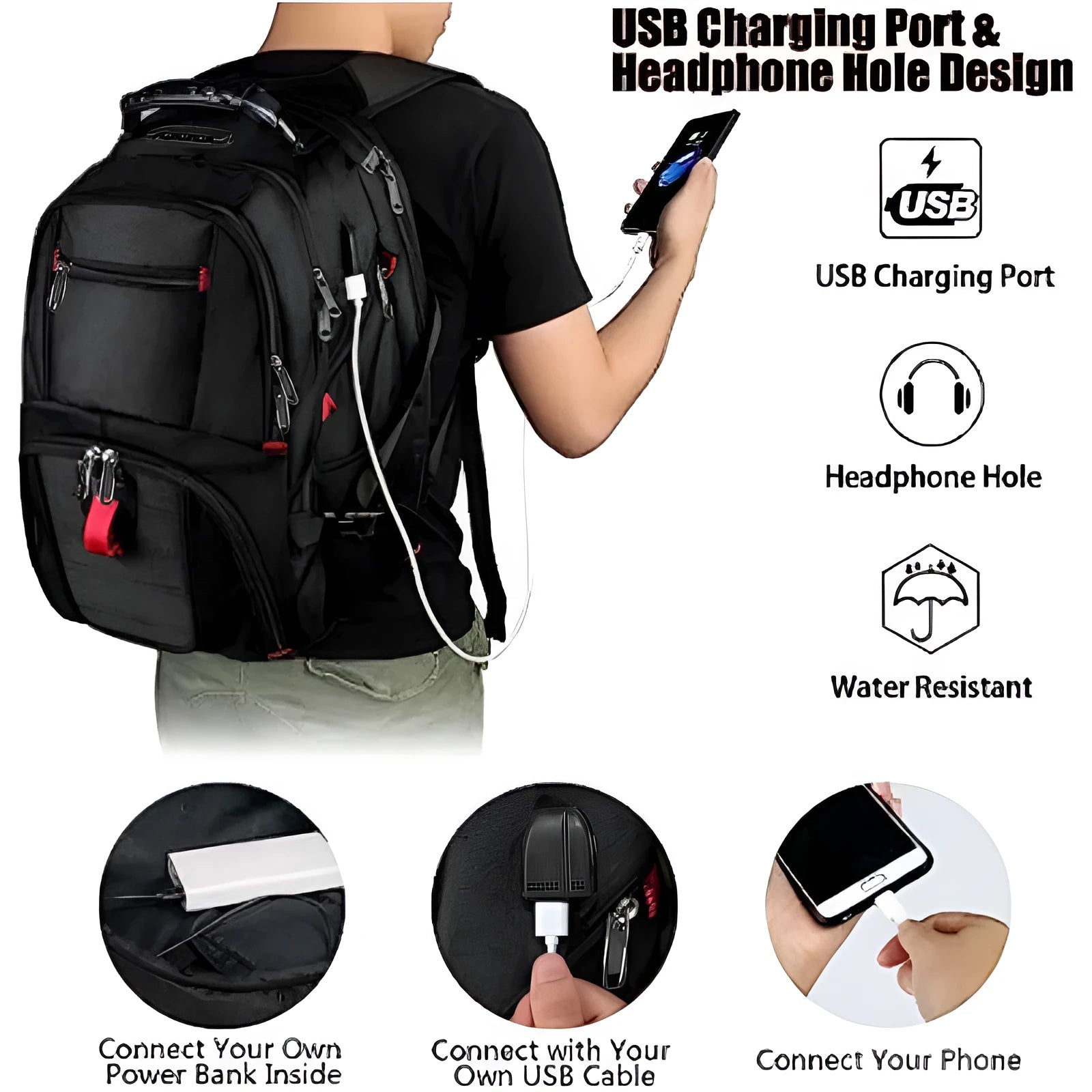 Large black USB charging backpack with curved shoulder straps and water-resistant Oxford cloth construction