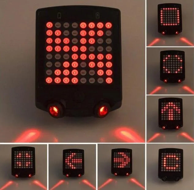 LED bicycle signal light with 64 lights showing steering arrow and brake flash on a bike