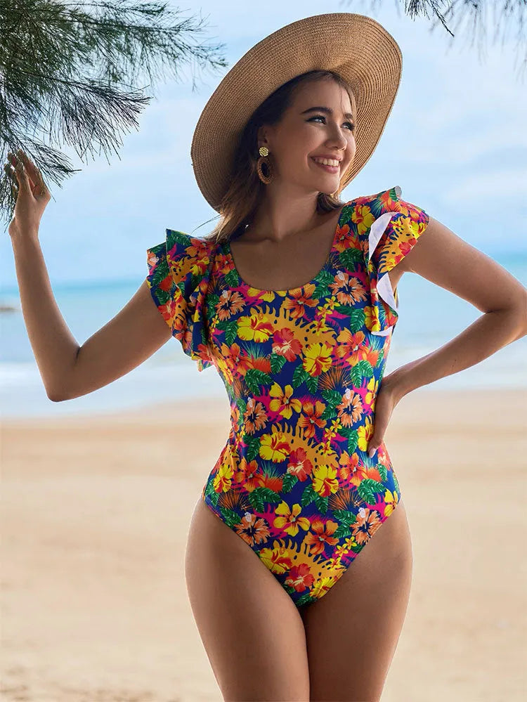 Women's one-piece swimsuit with U-shaped collar and lace design on polyester fabric