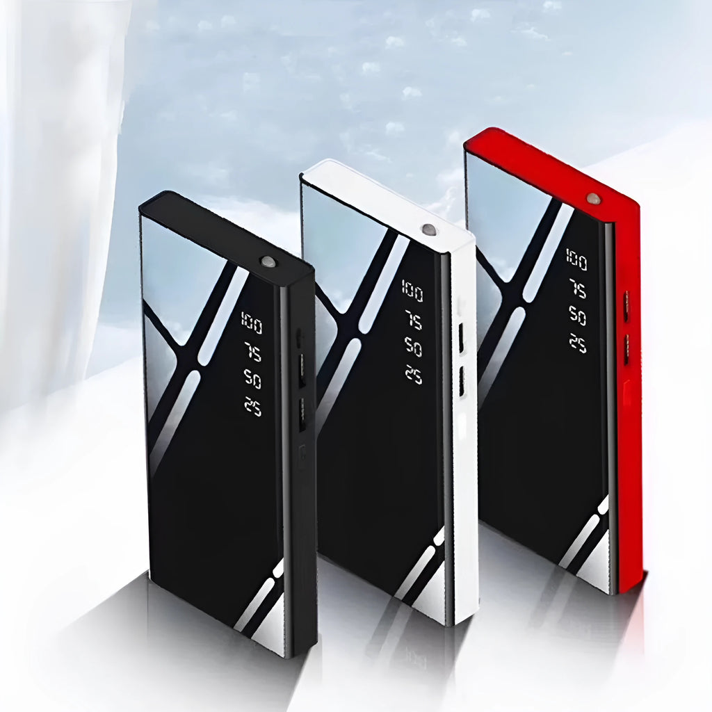 20000mAh LCD display power bank with dual USB ports in black, red, or white colour options