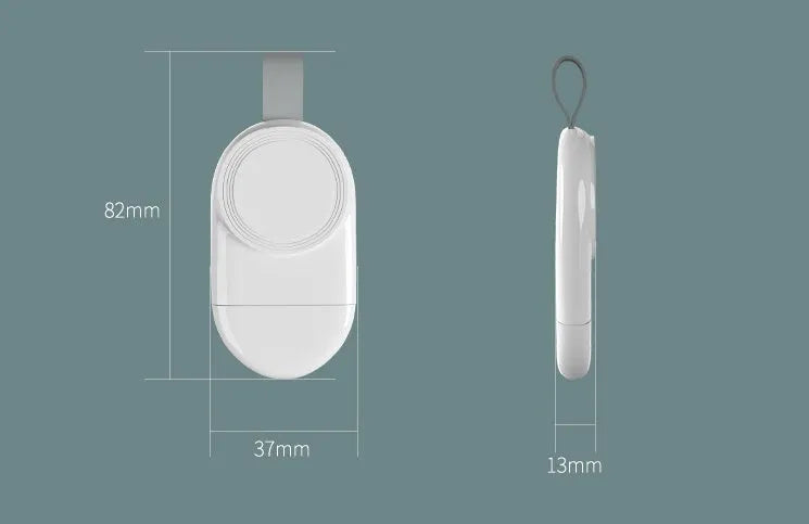 White magnetic wireless charger for Apple Watch with USB cable, 82 by 37 by 12mm