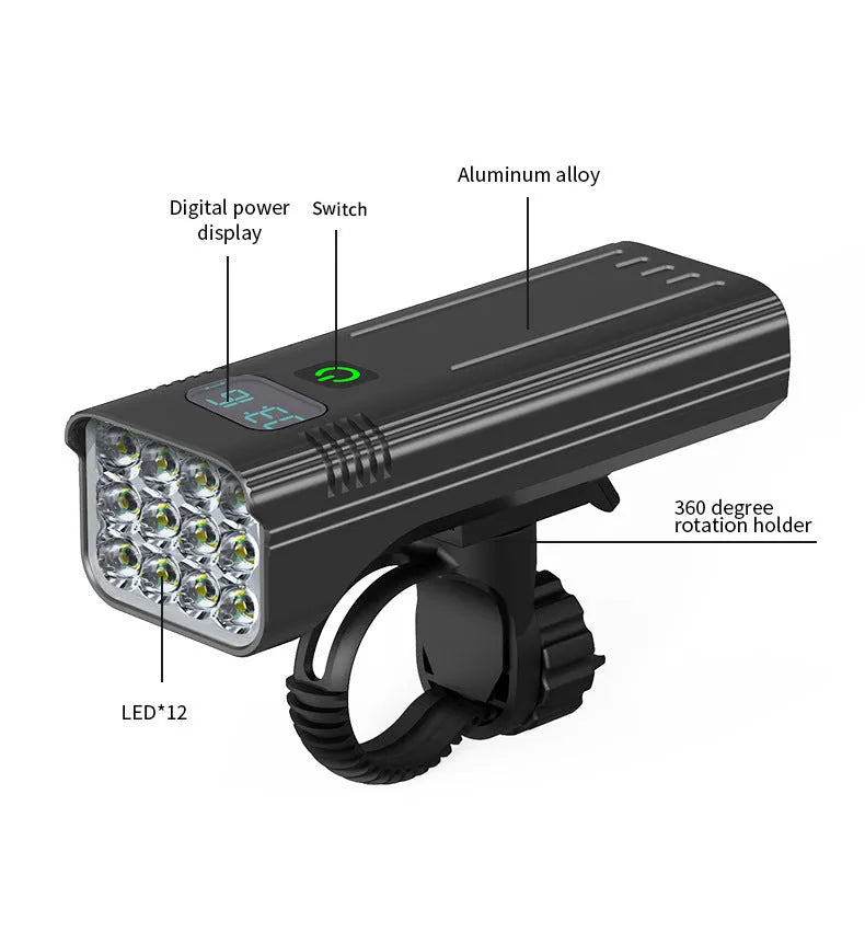 Black KX12DF digital display bicycle headlight with aluminium alloy body mounted on a handlebar bracket.